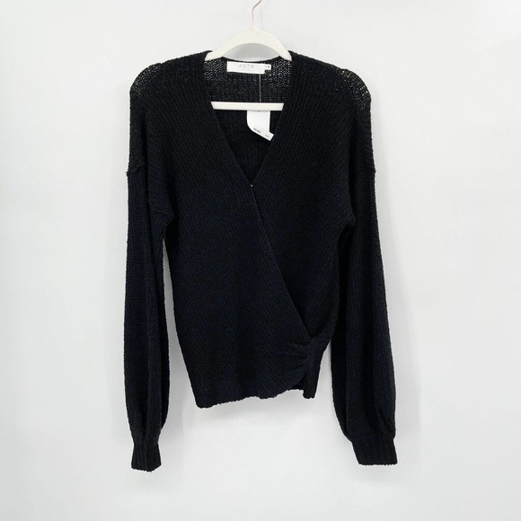 Astr V-Neck Surplice Wrap Knit Sweater Crossover Black Size M Long Sleeve - Picture 1 of 9